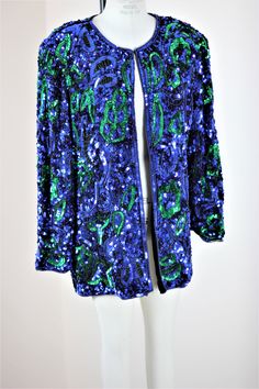 "Isnt this a beauty??? sooo colorful and so beautiful and in Excellent condition..beads, sequins, this jacket has it all!! sparkles..and it is heavy too!! Measuring: 29\" length Width: 46\" Sleeves: 23\" Pet Free/smokefree Enjoy!" Beaded Jacket, Green Sequins, Baroque Fashion, Sequin Beading, Just Amazing, Wow Products, Wearable Art, Blue Green, Sequin