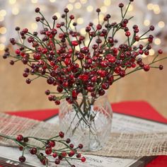 a vase filled with red berries sitting on top of a table