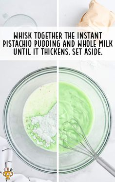 two pictures showing how to make pistachio pudding in a mixing bowl and then using it