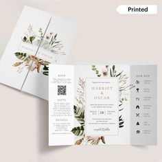 an elegant wedding program with greenery and gold foil on the front, inside and out