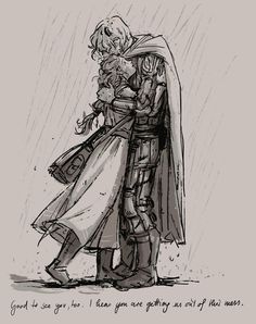 a drawing of two people hugging in the rain