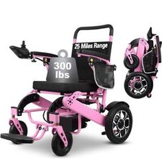 a pink motorized scooter with black wheels and the words miles range on it