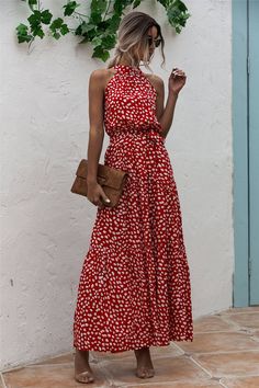 Floral Print Halter Strapless Long Dress Halter Tie Dress, Flower Print Midi Dress, Strapless Long Dress, Vintage Boho Dress, Floral Dresses Long, Neckline Dress, Tie Waist Dress, Vestidos Vintage, Polka Dress