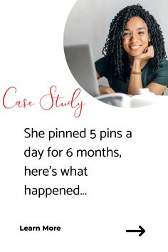 a woman sitting in front of a laptop computer with the caption case study she primed 5 pins a day for 6 months, here's what happened