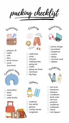 the packing checklist is shown with luggage and other things to pack in it,