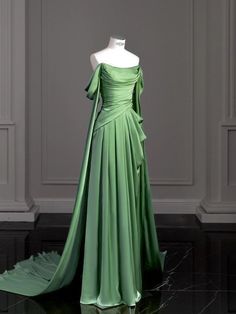 Aesthetic Green Prom Dress, Ginger Hair Green Dress, Emerald Dress Aesthetic, Green Gown Aesthetic, Sage Green Ball Gown, Purple Satin Prom Dress, Green Ball Gown, Dresses Cottagecore, Long Evening Dresses