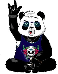 a panda bear sitting on the ground with his hand up in the air and wearing a blue shirt