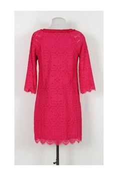 Slip into this romantic lace dress that can be worn to Sunday brunch. Its beautiful color pairs well with gold-tone accessories. Size 2 71% nylon, 29% cotton Made in U.S.A Slips on Lined Floral eyelet lace fabric 3/4 sleeves Fringe on neckline Above knee Tiny stain on interior lining - neckline Bust 35" Waist 35" Shoulder to hem 34" Elegant Dress With Cutwork Hem For Brunch, Elegant Dresses With Cutwork Hem For Brunch, Elegant Dress With Cutwork Hem For Garden Party, Spring Lace Crochet Dress For Daywear, Elegant Spring Dresses With Cutwork Hem, Spring Crochet Dress With Lace Work, Elegant Spring Crochet Dress With Lace Work, Eyelet Lace Fabric, Color Pairs