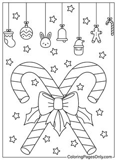 a candy cane with christmas decorations and stars on it, coloring page only for adults