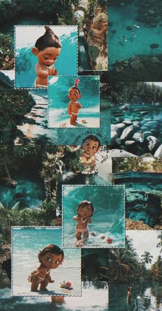 an image of children playing in the water and on the beach with palm trees behind them