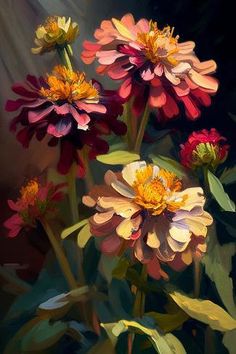 an oil painting of colorful flowers on a black background