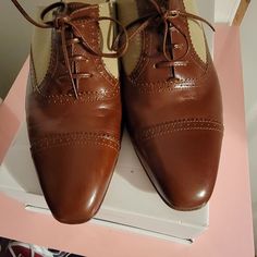 Beautiful Never Worn. The Indentations In The Leather Are From Storage. These Are A 7.5b But Are More Suited For A Size 6.5 Or 7. No Box, But Will Be Carefully Wrapped In Tissue Paper. Smoke Free Yorkie Friendly Home. Reasonable Offers Welcome. A 5-10% Offer Will Usually Be Accepted. 15% Will Be Considered. Please Don't Waste My Time Asking For A 20% Offer On Low Price Items. Pm Take 20% Of Every Sale And I Already List My Items At Low Prices. Brown Closed Toe Oxfords For Galas, Brown Oxfords With Almond Toe And Rubber Heel Cap, Brown Lace-up Oxfords For Galas, Brown Almond Toe Oxfords With Rubber Heel Cap, Brown Calf Leather Closed Toe Oxfords, Designer Oxfords With Brogue Detailing And Almond Toe, Fitted Brown Oxfords With Removable Insole, Almond Toe Beige Dress Shoes For Formal Occasions, Beige Almond Toe Dress Shoes For Formal Occasions