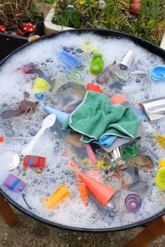 This might be the best one yet! For slightly older preschoolers, fill your tuff tray up outside with soapy water, add the dirty toys and a few cloths. Spring Tuff Tray Ideas For Babies, Spring Tuff Tray, Spring Tuff Tray Ideas, Materials Tuff Tray, Disney Messy Play, Dinosaur Messy Play Tray, Tuft Tray Ideas Messy Play, Playgroup Activities