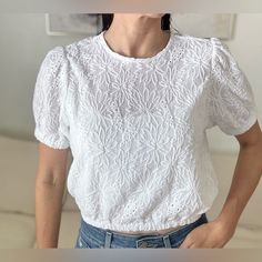 It Says Size S But I Am A Women’s 0-2/Xs In Whbm/Ann Taylor/Free Ppl & It Fits Snug Because Of The Cinch On The Sleeves & Waist. Pair With High Rise Jeans & Cream Clogs Or With A Very Puffy A Line Skirt. You Can Also Throw It Over A Fitted Light Pink Dress. I Recommend Wearing With A White Spaghetti Strap Undershirt As Shown In Picture For Smooth Shape And Bright Color. Fabric: 97% Polyester. 3% Elastane. Have A Beautiful Day! (I Do Not Sell Or Condone The Sale Of Stolen Goods.) Casual White Embroidered Top With Broderie Anglaise, Michael Kors Cotton Tops For Spring, The Cinch, Cream Crop Top, White Spaghetti, White Spaghetti Strap, Embroidered Crop Tops, Light Pink Dress, Have A Beautiful Day