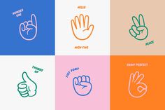 four different colored hand gestures with the words peace, stop and don't give