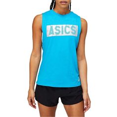 a woman wearing a blue tank top with the word asics on it's chest