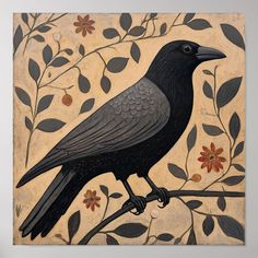 a painting of a black bird sitting on a branch with leaves and flowers around it