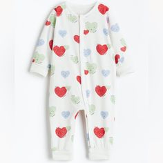 New, Never Worn. White Long Sleeve Sleepwear With Heart Print, Cotton Cartoon Print Onesie For Bedtime, White Heart Print Sleepwear For Bedtime, Cute White Onesie For Bedtime, Cute White Bedtime Onesie, Cute Multicolor Sleep Onesie, Cute White Sets With Heart Print, Cute White Heart Print Sets, Cotton Onesie With Cartoon Print For Sleep