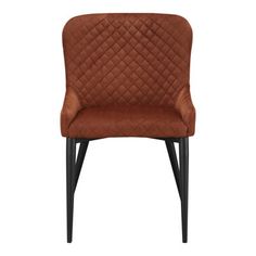 an upholstered brown chair with black legs and a quilted seat cover on the back