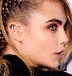 20+ Creative Ear Tattoos That Are Cooler Than Earrings Tragus Tattoo, Cara Delevingne Tattoo, Plait Styles, French Plait, Girls Braids, Celebrity Tattoos, Cornrow, Plaits, Cara Delevingne