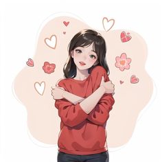 a drawing of a girl with her arms crossed and hearts flying around her head in the background