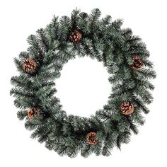 a christmas wreath with pine cones and evergreen needles on a white background, top view