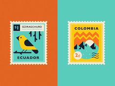 two postage stamps with the words colombia and an image of a bird on one side