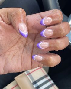 Purple Almond Tips, Purple Blue French Tip Nails, Light Purple Nails Tips, Nail Ideas Simple French Tip, Pink And Blue Aesthetic Nails, Back To School Nails Purple, Two Tone Purple Nails, Purple Nail Inspo Acrylic Short Almond, Purple And White French Tip Nails