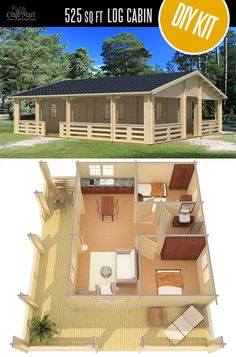 the floor plan for a small cabin is shown in two different views, and there are also