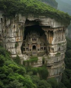 a cliff with a cave built into it's side in the middle of trees