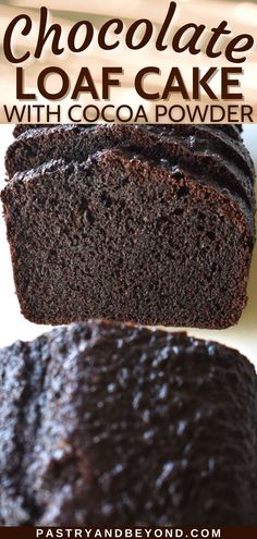 chocolate loaf cake with cocoa powder is cut in half and stacked on top of each other