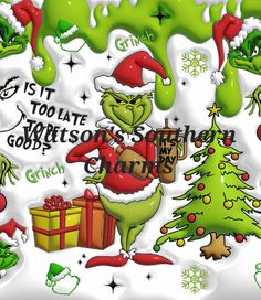 an image of christmas related items on a white background with green and red lettering that reads grin is it too late for christmas