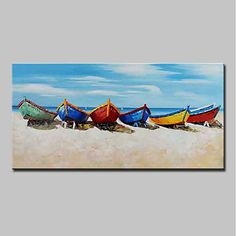 a painting of colorful boats on the beach