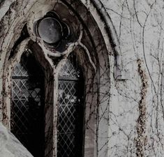 an old church with stained glass windows and vines on the side