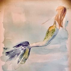 a watercolor painting of a mermaid swimming in the ocean with her long hair pulled back