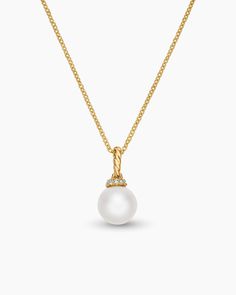 David Yurman | Solari Pendant Necklace in 18K Yellow Gold with Pearl and Diamonds, 8mm