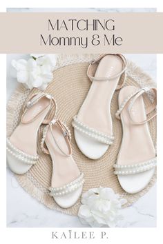 Mommy & Mini matching Flats Summer Wedding Shoes With Flat Heel For Bridesmaids, Summer Bridesmaid Wedding Shoes With Flat Heel, Flat Summer Wedding Shoes For Bridesmaids, Summer Flat Heel Bridesmaid Wedding Shoes, Bridal Shower Pearl Embellished Ankle Strap Sandals, Pearl Sandals For Summer Party, Summer Party Pearl Sandals, Summer Open Toe Pearl Wedding Shoes, Summer Wedding Pearl Open Toe Shoes