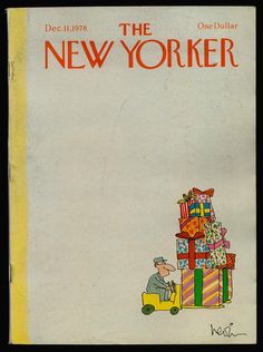 the new yorker magazine cover with a cartoon man carrying presents on a yellow truck