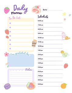 a daily planner with food and drinks on it