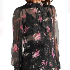 New With Tags, Preen By Thornton Bregazzi Floral 100% Silk Chiffon Elva Blouse. Beautiful Button Up Top. Black Sheer With Pink Flowers Designer Pink Formal Blouse, Designer Pink Workwear Blouse, Designer Pink Blouse For Work, Elegant Pink Silk Blouse, Designer Pink Top For Formal Occasions, Designer Spring Party Blouse, Feminine Fitted Blouse For Cocktail Occasions, Designer Party Tops For Spring, Feminine Blouse For Cocktail Occasions