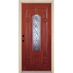 a wooden door with glass on it