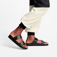 LOUIS VUITTON® - Bom Dia Flat Comfort Mule - Black Louis Vuitton Slippers, Shoes Louis Vuitton, Louis Vuitton Official Website, Louis Vuitton Black, Flat Mules, Louis Vuitton Official, Comfortable Flats, Velcro Straps, Shoe Game