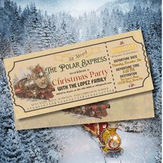 a ticket for the polar express christmas party with santa's sleigh train