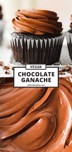 vegan chocolate ganache cupcakes on a cooling rack with the title overlay