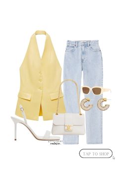 Halter neck yellow waistcoat, ultra high rise jeans, celine bag, diamanté gold hoop earrings & white heeled sandals. Going out outfit, spring/summer outfit, date night, brunch outfit, bank holiday outfit.  #liketkit #LTKSeasonal #LTKstyletip #LTKeurope #yellow #waistcoat #waistcoatoutfit #jeans #summerstyle #style #springfashion2024 #ootdsummer #jeansandanicetop #goingoutoutfits #datenightstyle #outfitstyle #outfitoftheday #sandals #classystyle #elegant #minimaliststyle @shopLTK Pr Outfit Style, Holiday Date Outfit, Brunch Date Outfit Summer Classy, Yellow Vest Outfits For Women, March Birthday Outfit, Halter Vest Outfit, Bridal Shower Outfit Ideas Guest, Yellow Brown Outfit, Yellow Vest Outfit