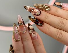 Brown Long Acrylic Nails, Nail Inspo Almond Fall, Autumn Acrylic Nails, Fall Gel Nails, Her Nails, Nail Swag