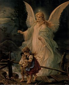 an angel with two children on a bridge