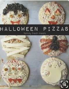 halloween pizzas with faces made out of cheese and other toppings on a baking sheet