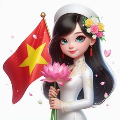 a cartoon girl holding a flower and a flag