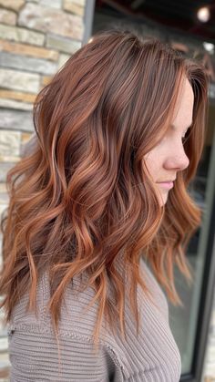 25 Hair Colors That Brunettes Will Love in 2024 | Lookosm Brunette Balayage Hair With Copper, Light Auburn Hair With Lowlights, Light Orange Highlights In Brown Hair, Rich Brown Copper Hair, Brown Copper Balayage Caramel, Fall Copper Hair Highlights, Natural Fall Hair Color, Light Brown To Copper Balayage, Copper And Brown Balayage